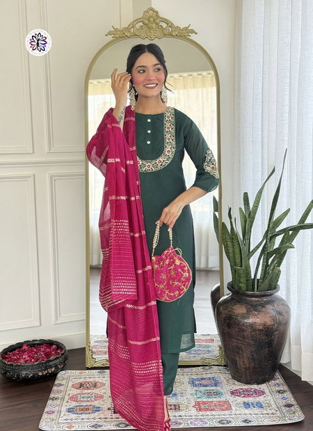 Green KF 5115 Kalaai Vichitra Silk Wholesale Kurti With Bottom Dupatta In India